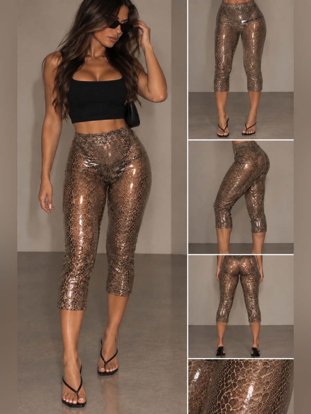 High-Shine Snake-Print Cropped Leggings - Brown